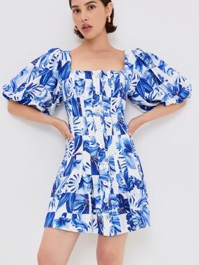 FARM Rio Blue & White Square-Neck Puff-Sleeve Mini Dress